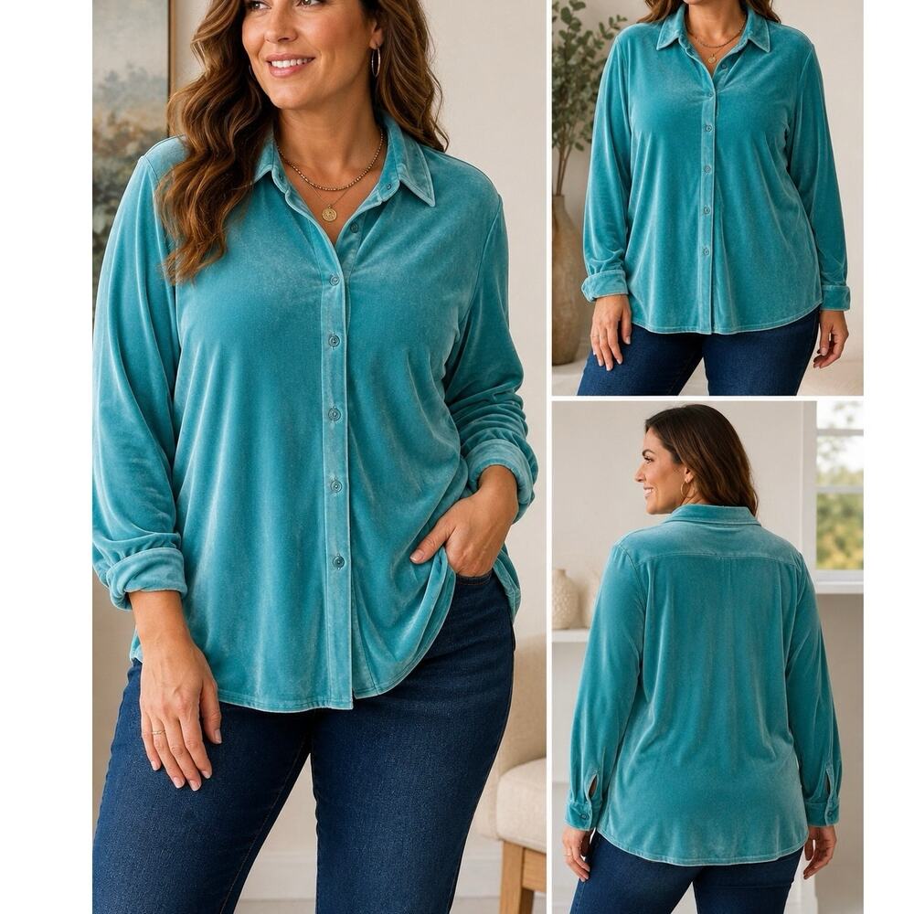 Soft Surroundings Velvet Button Down Shirt Women 1X Teal Tunic Top Plus Size